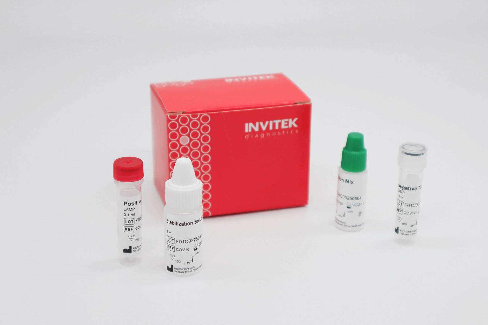 Box packaging of the InviScreen® SARS-CoV-2 RT-LAMP kit with reagents and reaction tubes.